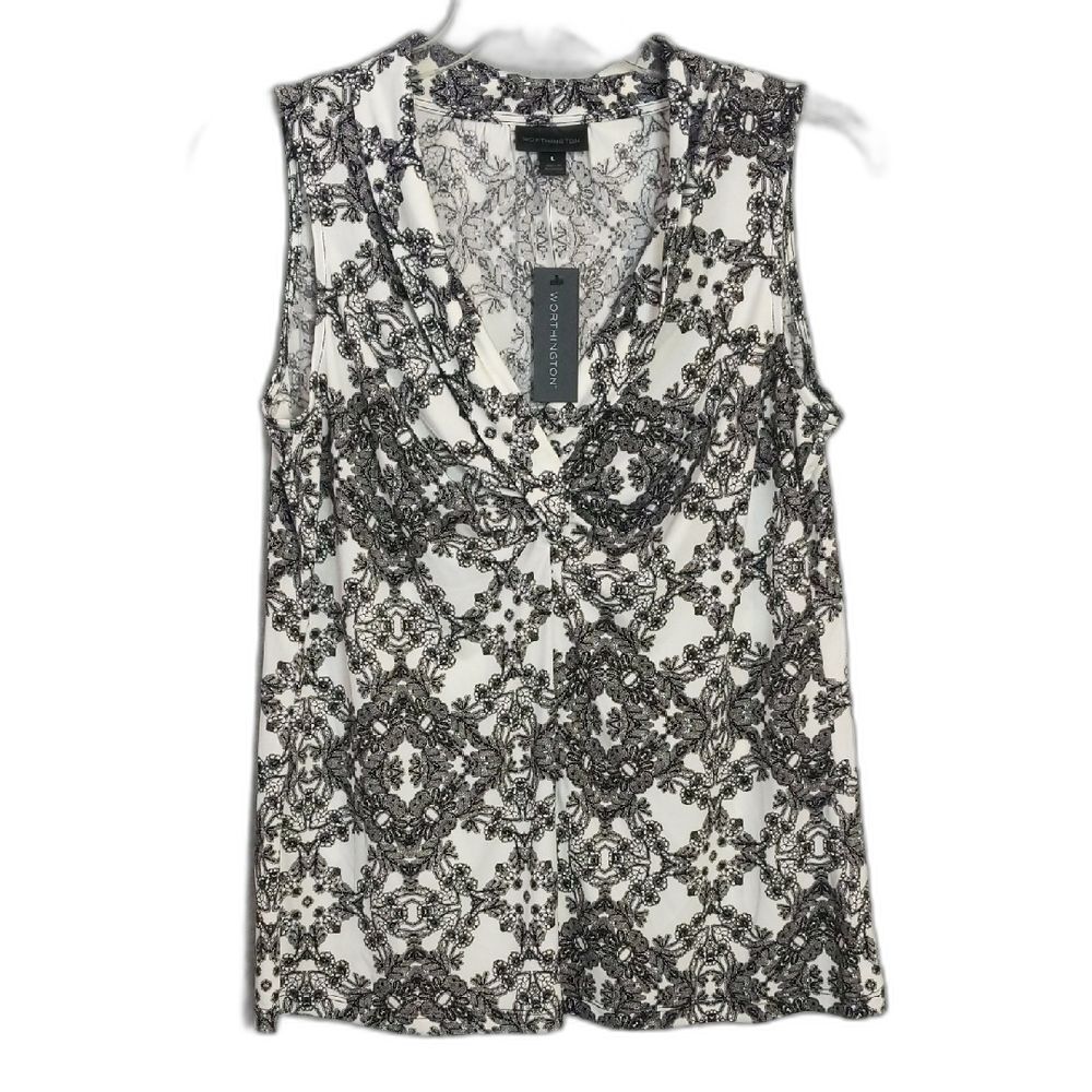 Worthington Black White Lace Pattern Stretch Top Sleeveless Women's L NWT